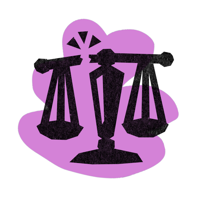 Icon of a broken legal scale on a violet shape